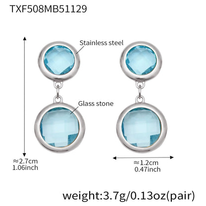 Silver tone stainless steel double drop earrings with light aqua glass stones, size reference