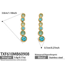 TXF610 blue zircon gold-tone earrings size details, 3 x 0.7 cm