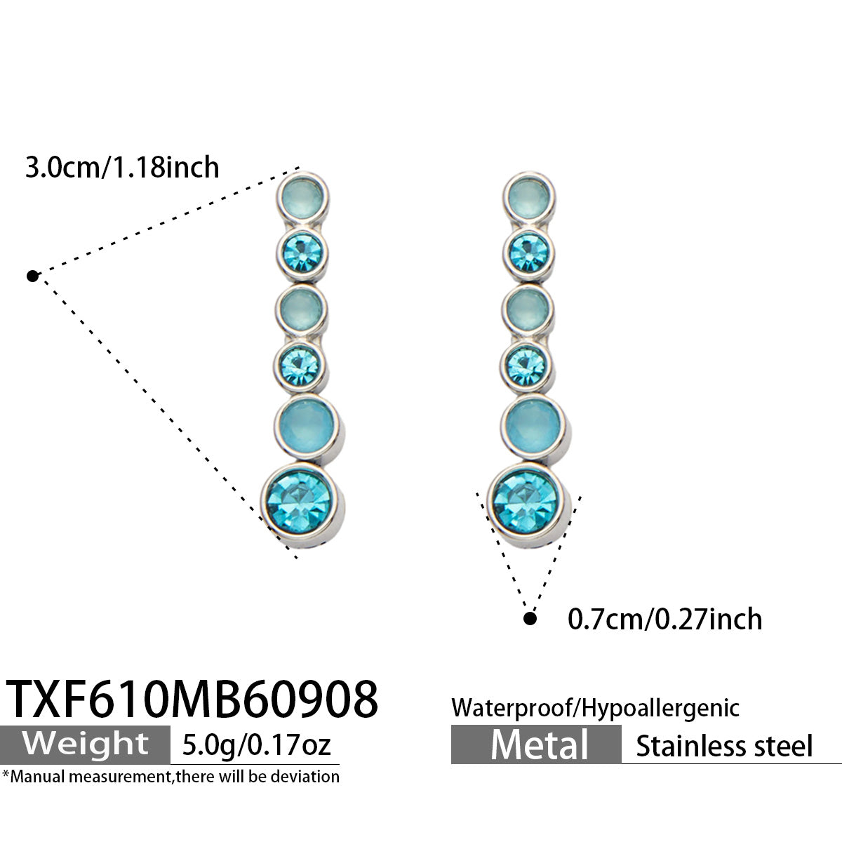 TXF610 blue zircon steel-tone earrings size details, 3 x 0.7 cm