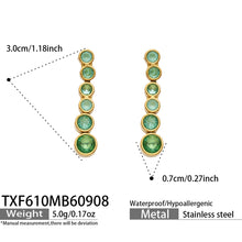 TXF610 green zircon gold-tone earrings size details, 3 x 0.7 cm