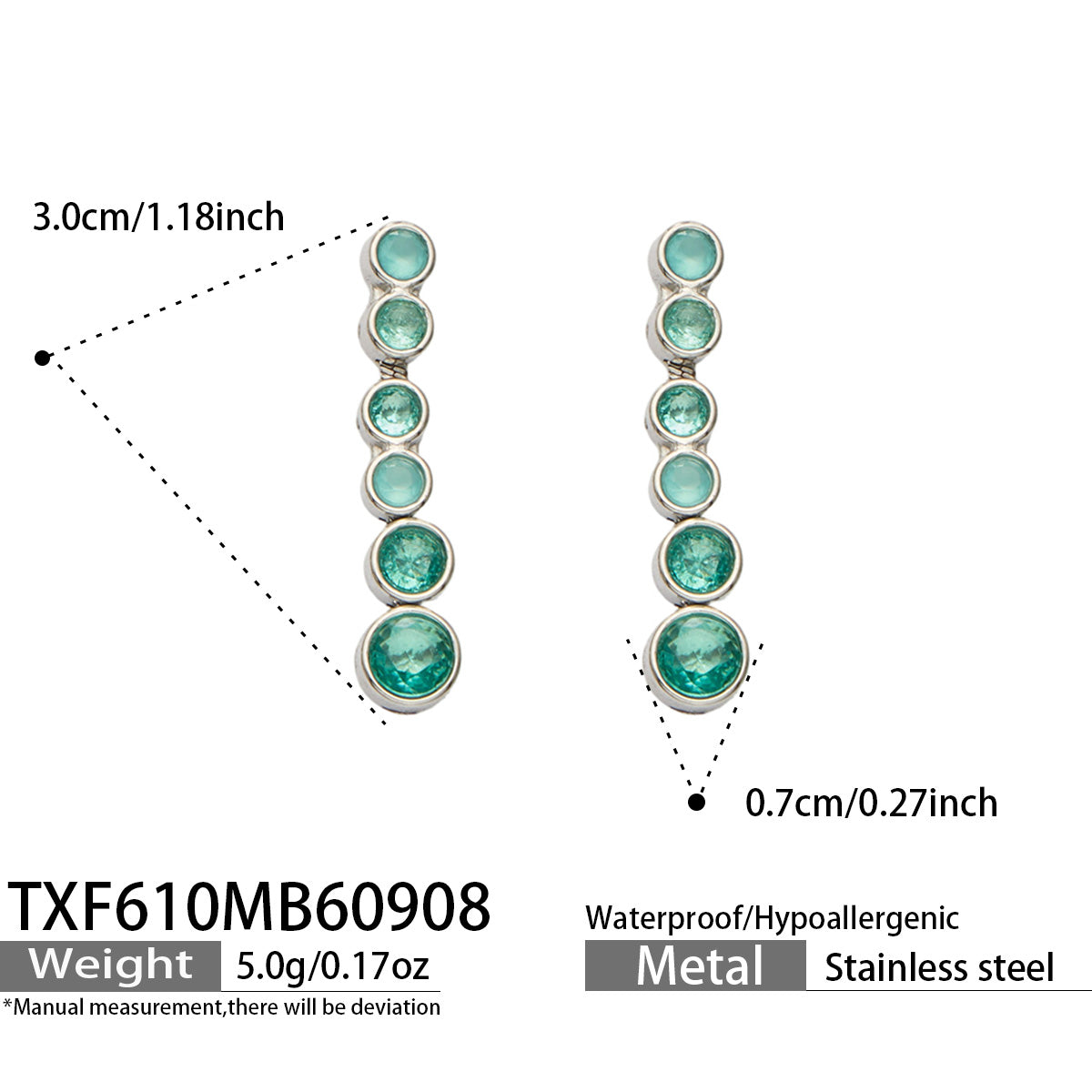 TXF610 green zircon steel-tone earrings size details, 3 x 0.7 cm