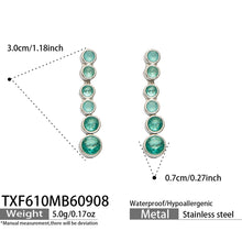 TXF610 green zircon steel-tone earrings size details, 3 x 0.7 cm