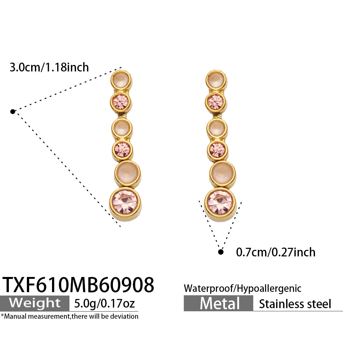 TXF610 pink zircon gold-tone earrings size details, 3 x 0.7 cm