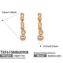 TXF610 pink zircon gold-tone earrings size details, 3 x 0.7 cm