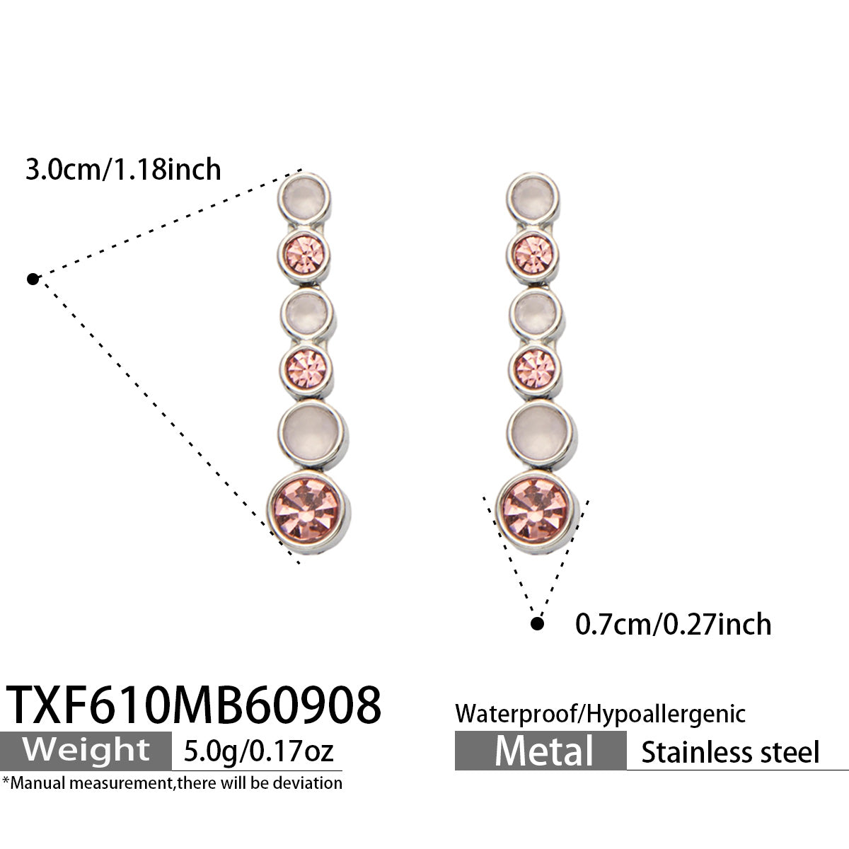 TXF610 pink zircon steel-tone earrings size details, 3 x 0.7 cm