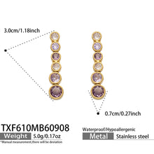 TXF610 purple zircon gold-tone earrings size details, 3 x 0.7 cm