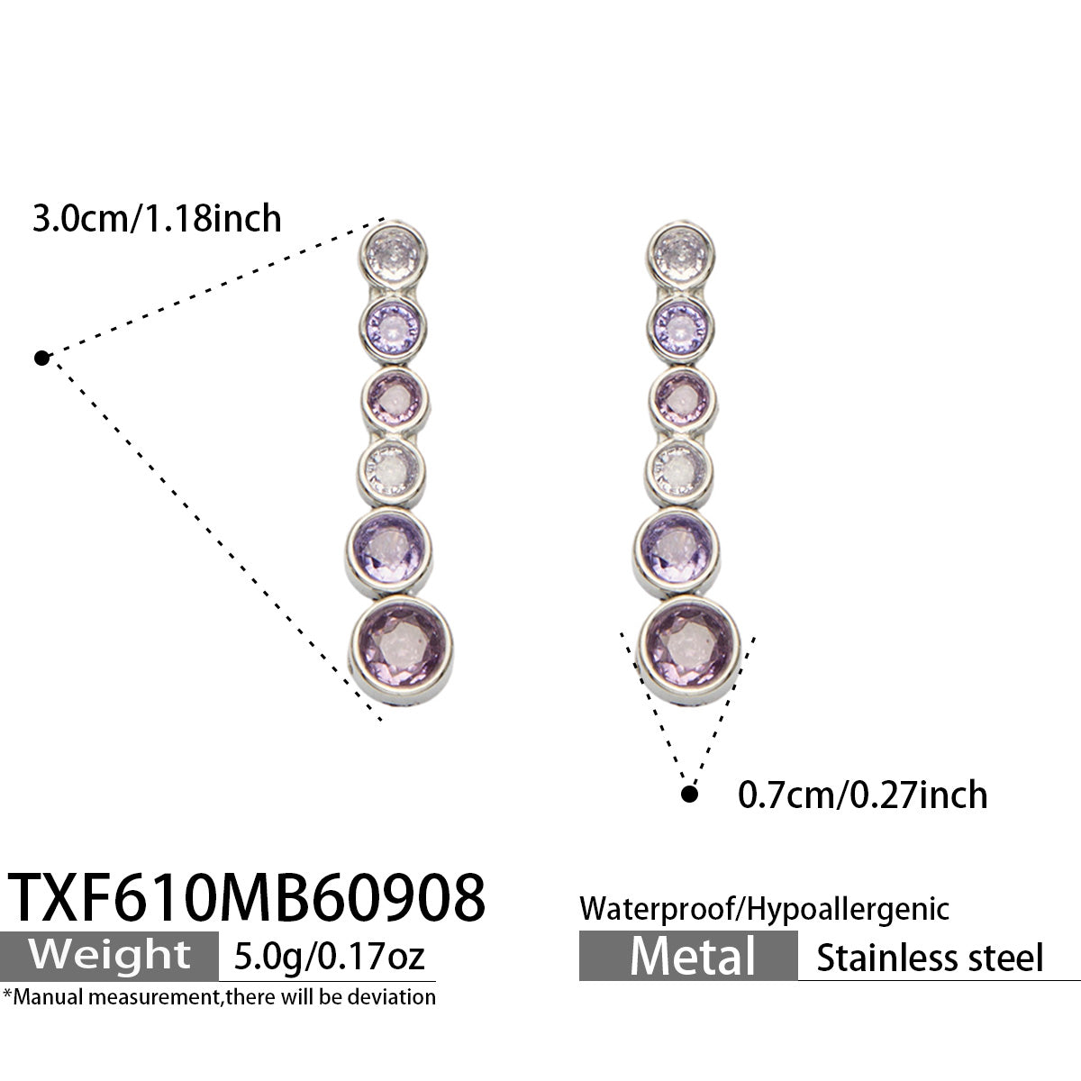 TXF610 purple zircon steel-tone earrings size details, 3 x 0.7 cm