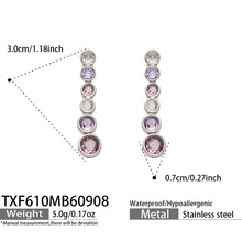TXF610 purple zircon steel-tone earrings size details, 3 x 0.7 cm