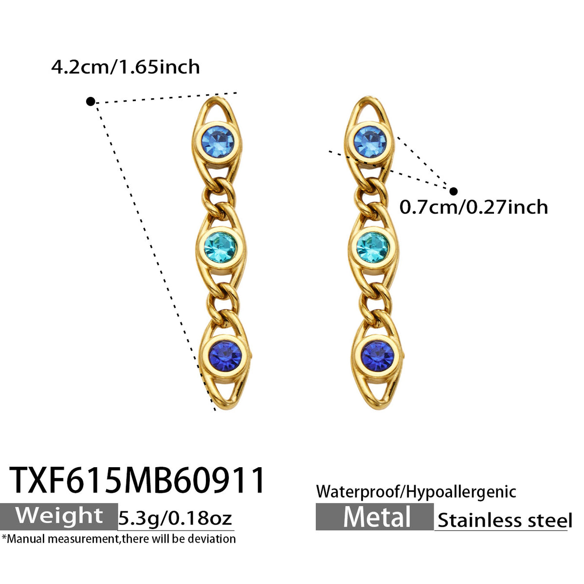 TXF615 blue zircon gold earrings size details