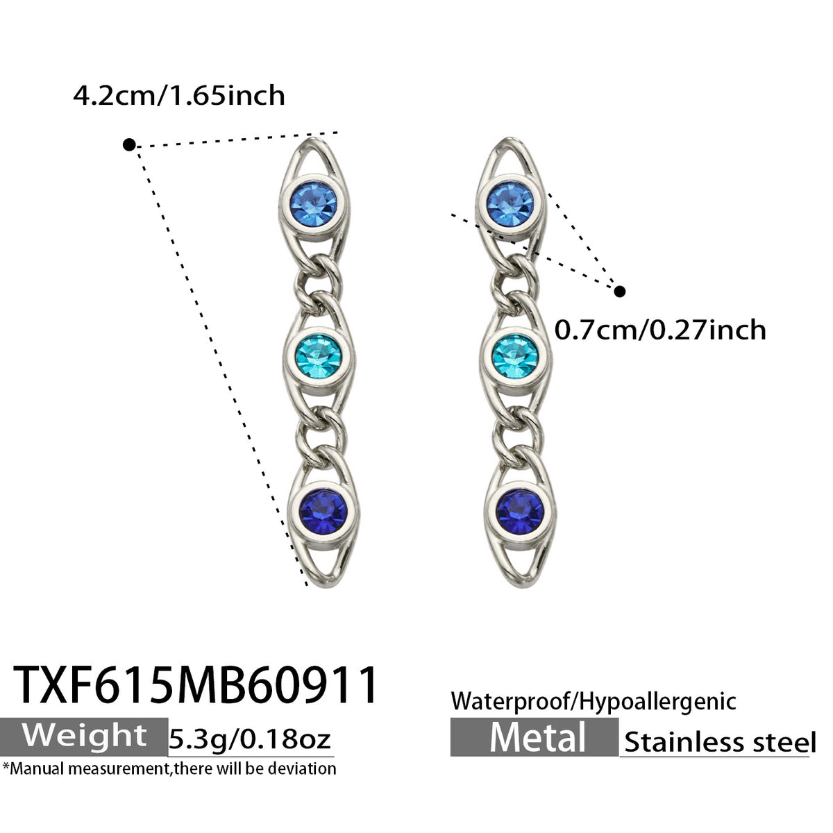 TXF615 blue zircon steel earrings size details