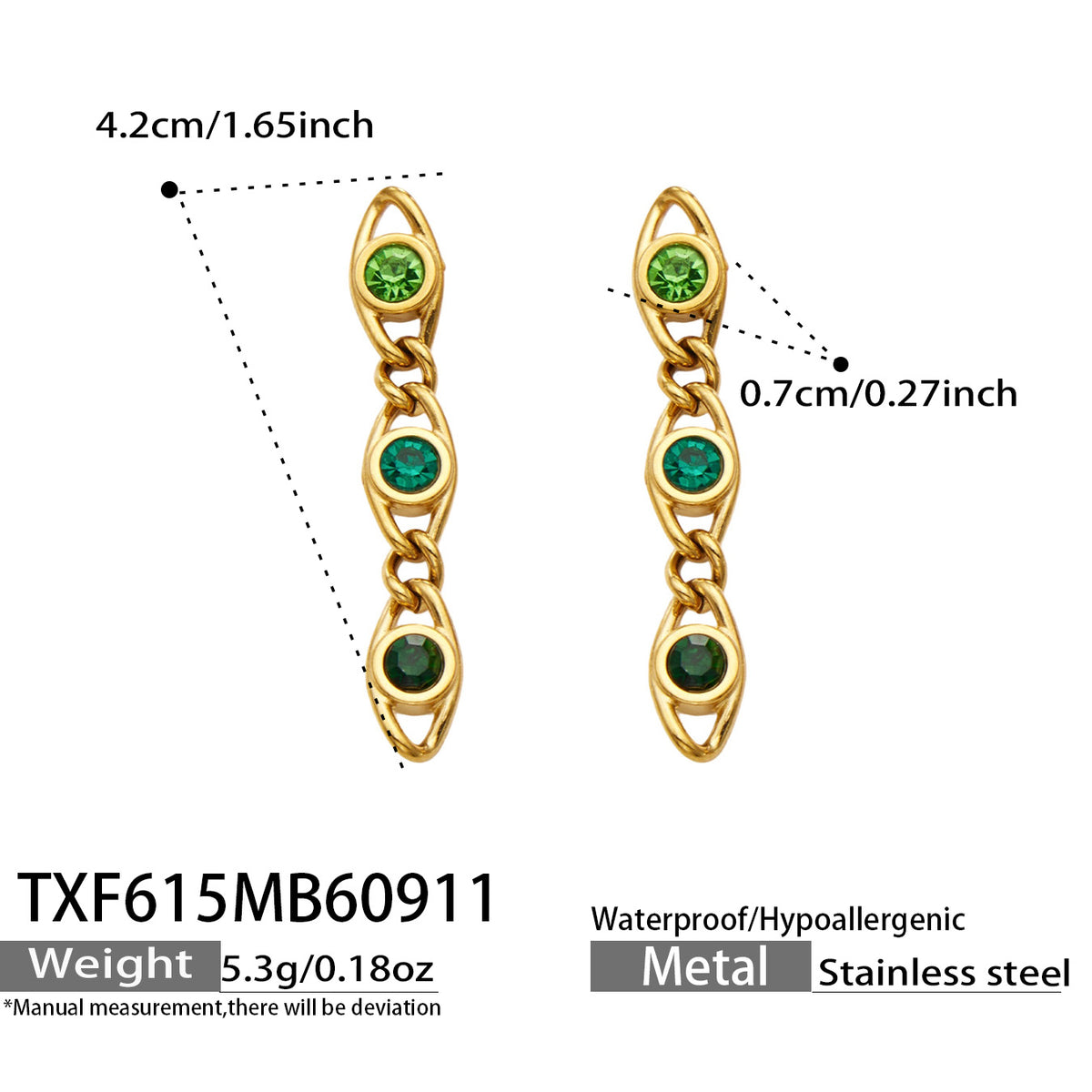 TXF615 green zircon gold earrings size details