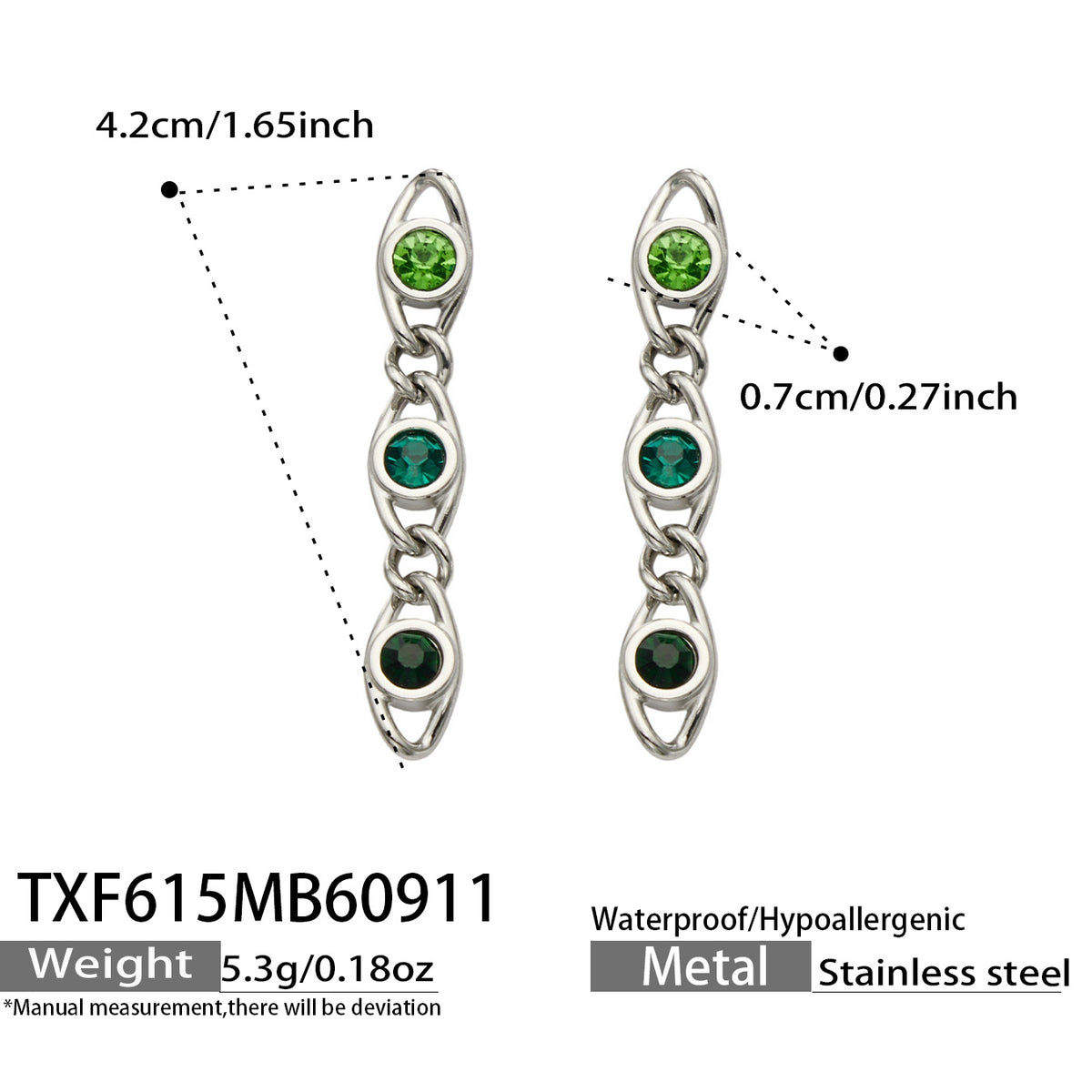 TXF615 green zircon steel earrings size details