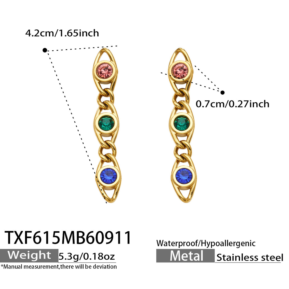 TXF615 multicolor zircon gold earrings size details