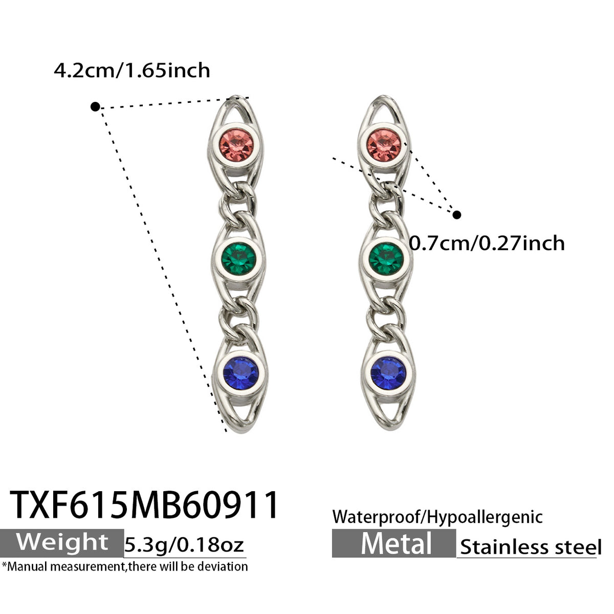 TXF615 multicolor zircon steel earrings size details