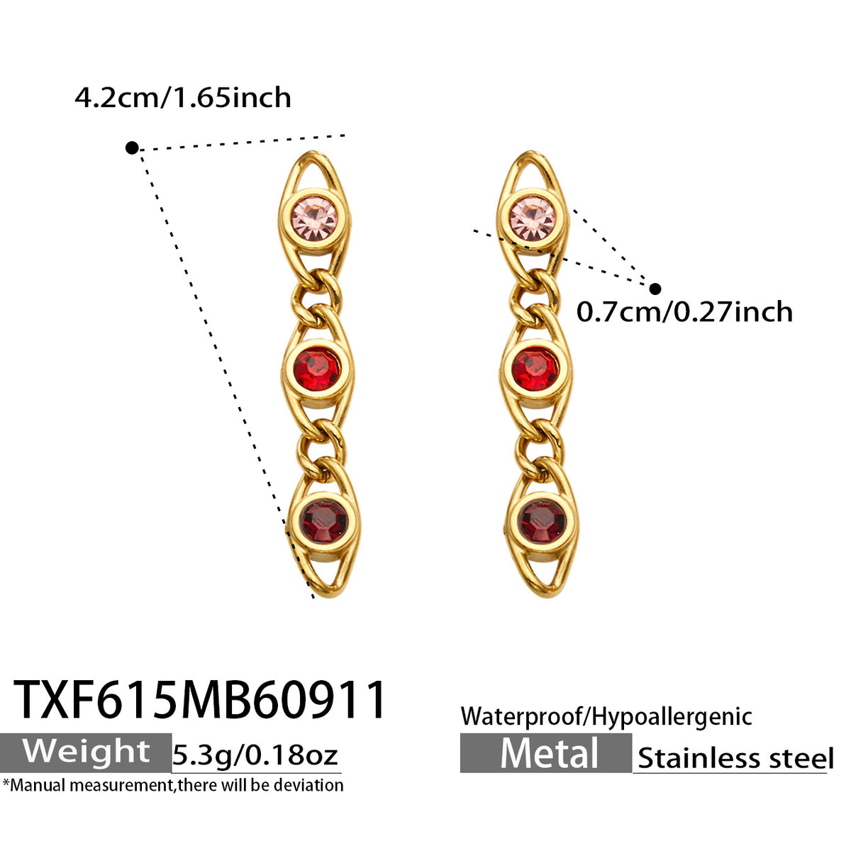 TXF615 red zircon gold earrings size details