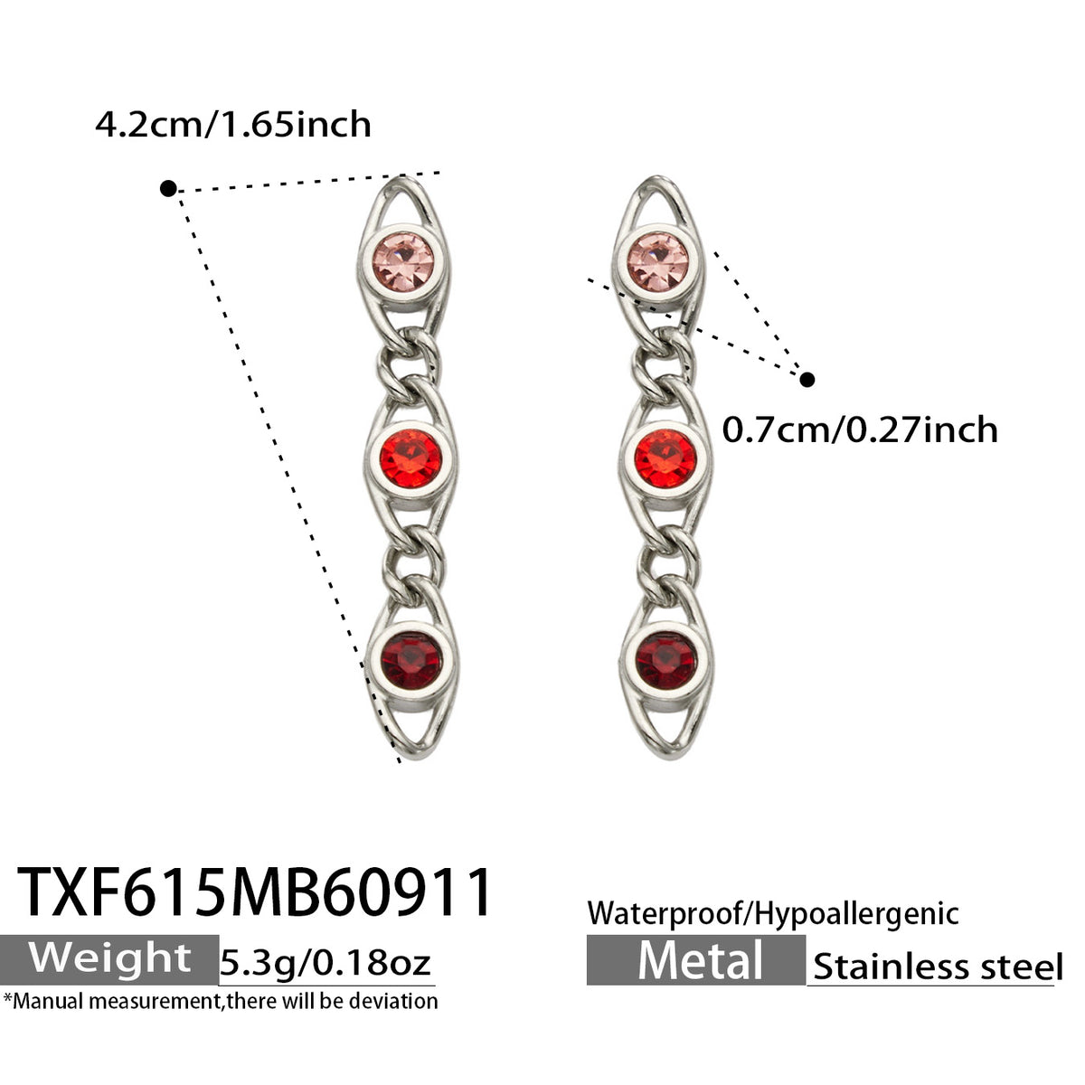 TXF615 red zircon steel earrings size details