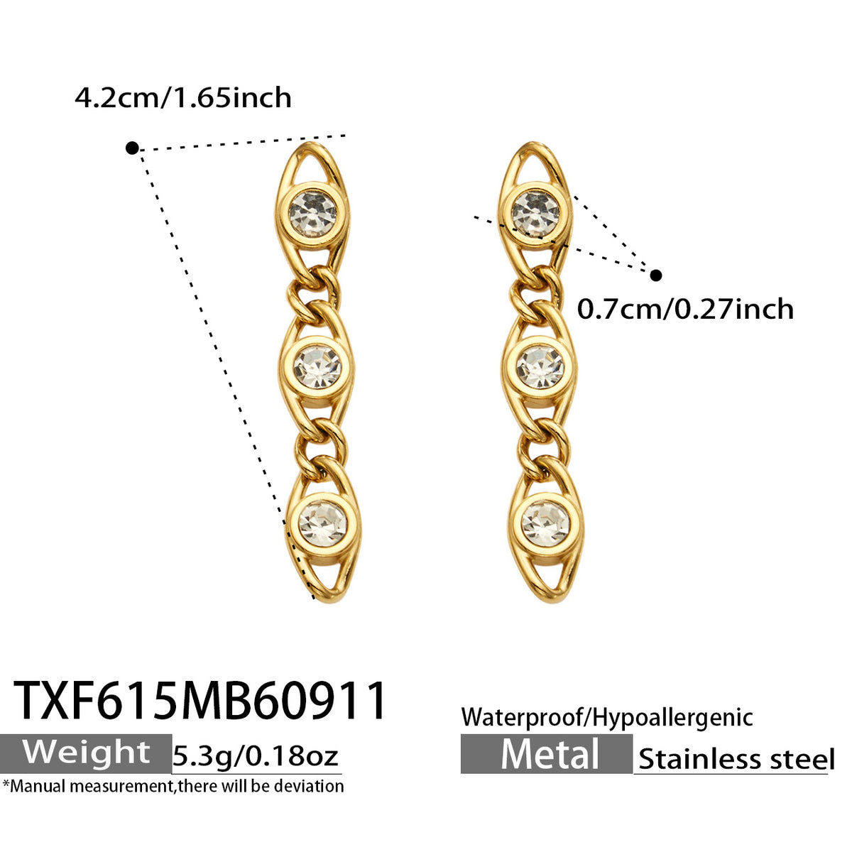TXF615 white zircon gold earrings size details