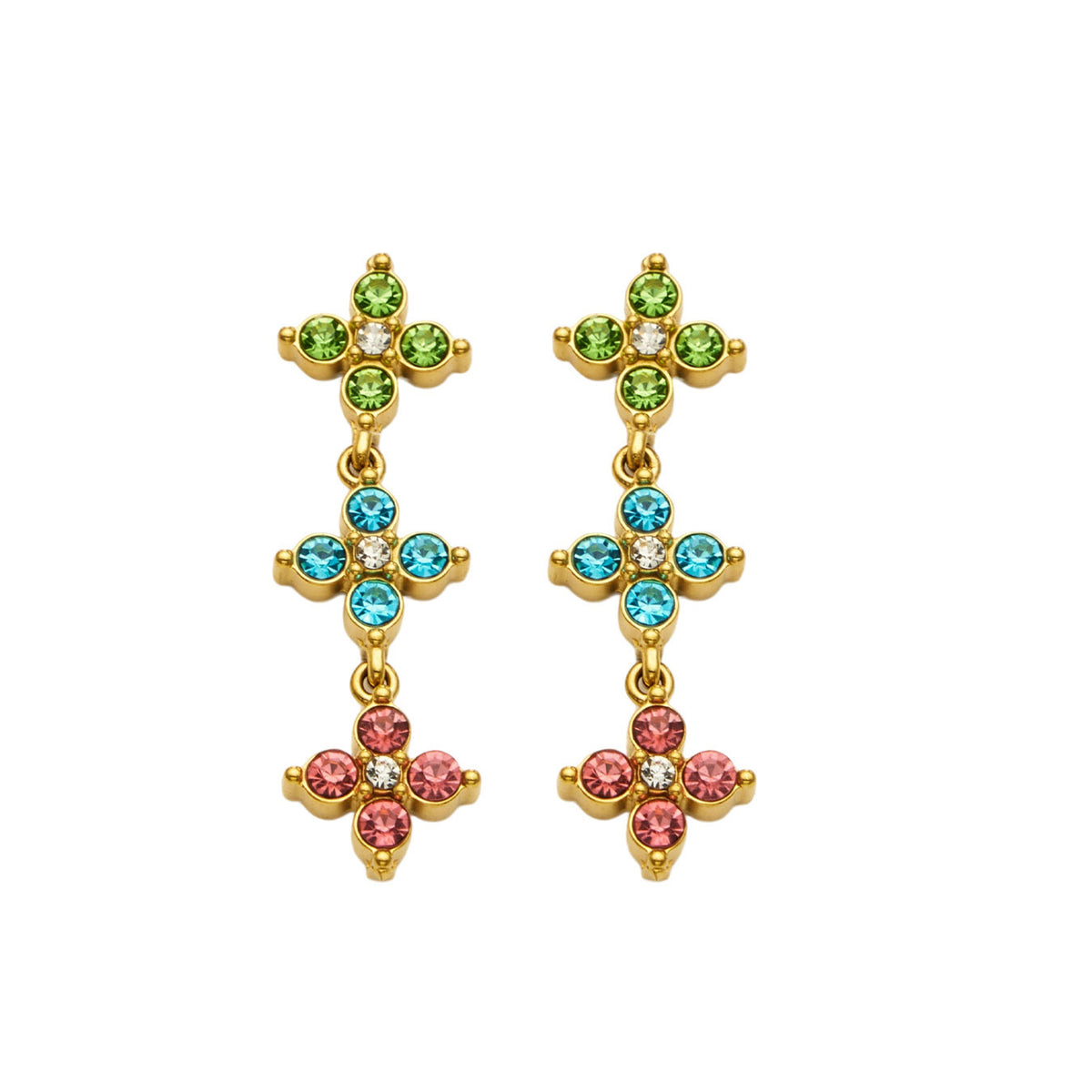 Gold Tone four-petal flower drop earrings with multicolor zircon stones, TXF617
