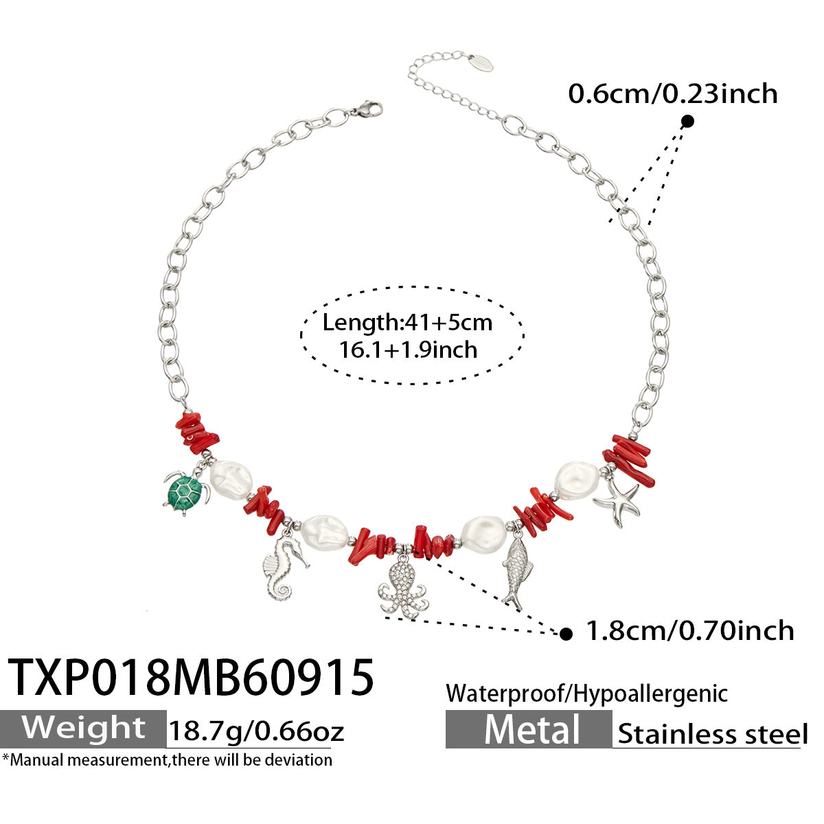 TXP018 steel-tone ocean animal charm necklace 41+5 cm size details