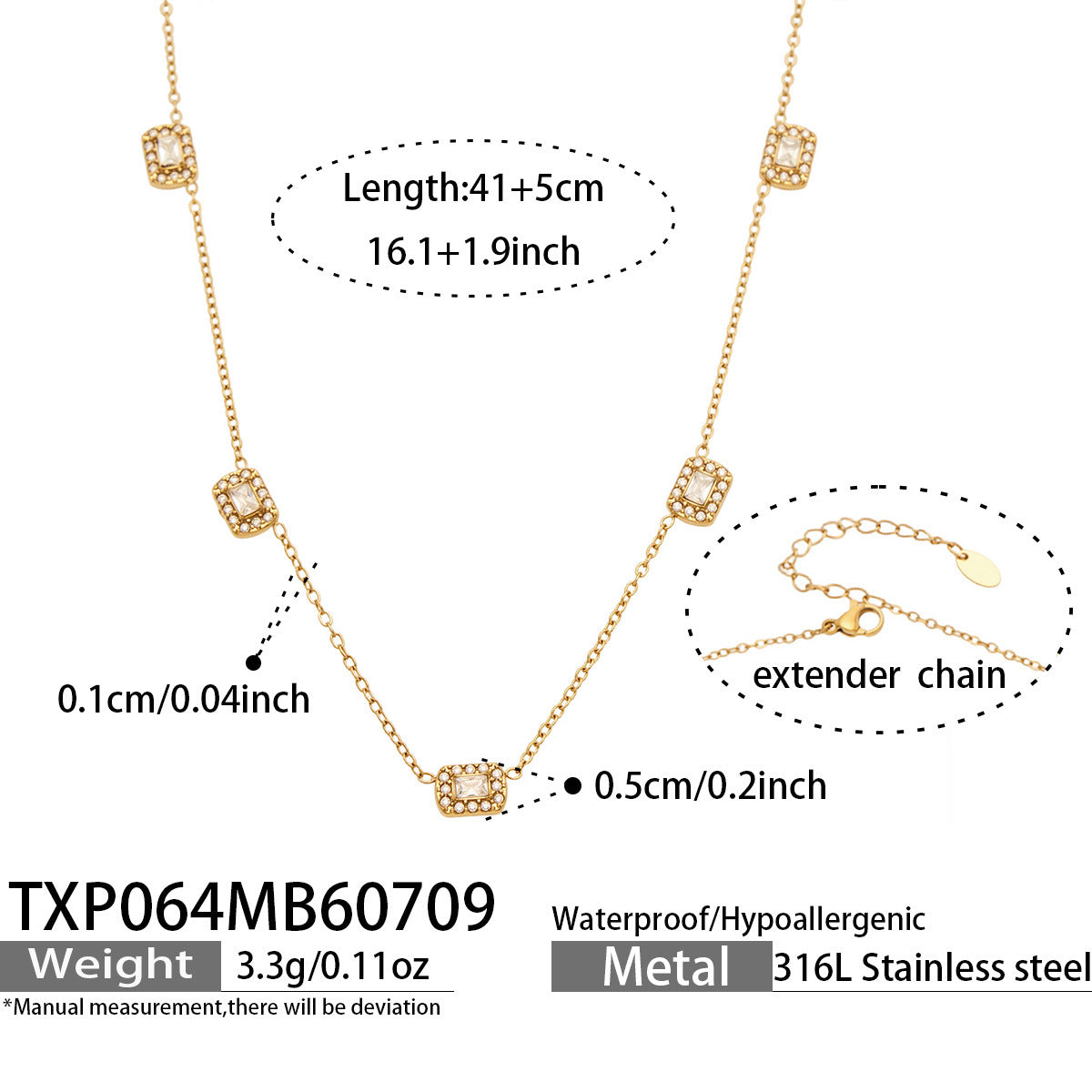 TXP064 square zircon charm necklace size card with 41+5cm adjustable chain and gold tone finish