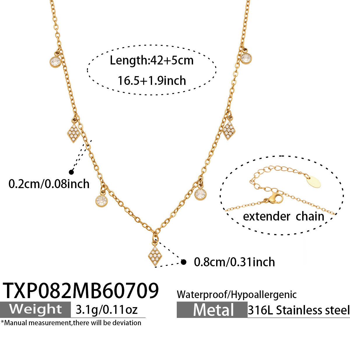 TXP082 diamond zircon charm necklace size card with 42+5cm adjustable chain in 316L stainless steel