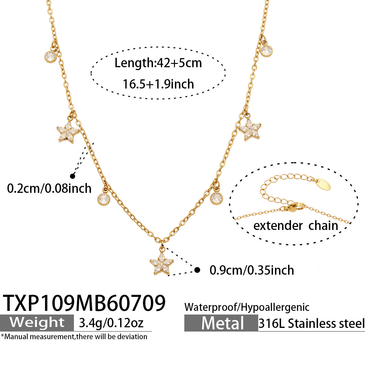 TXP109 flower zircon charm necklace size card with 42+5cm adjustable chain and 18K PVD gold finish