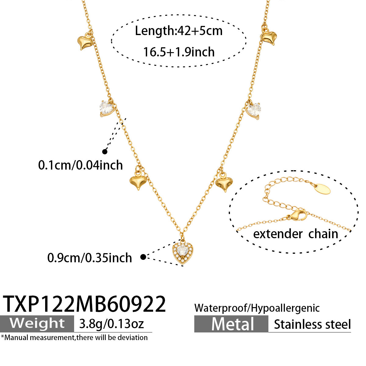 TXP122 heart zircon charm necklace 42+5 cm size and product details