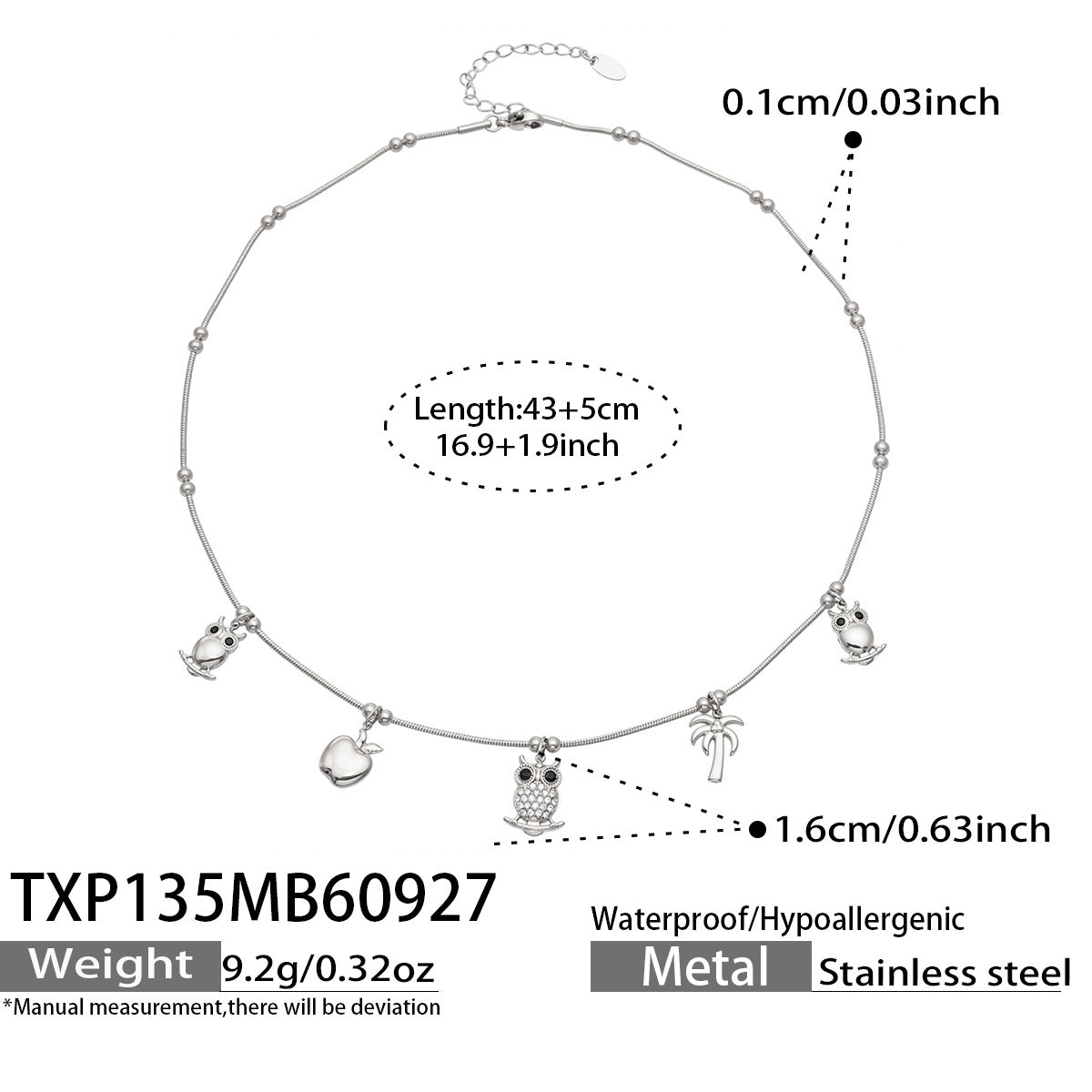 TXP135 silver-tone stainless steel charm necklace size and pendant details