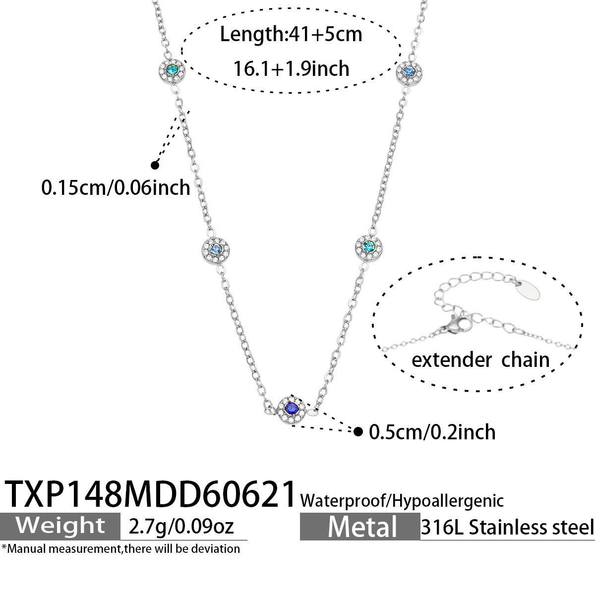 TXP148 blue cubic zirconia steel-tone station necklace 41 plus 5 cm size guide