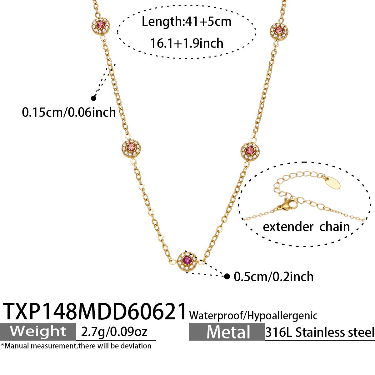 TXP148 pink cubic zirconia gold station necklace 41 plus 5 cm size guide