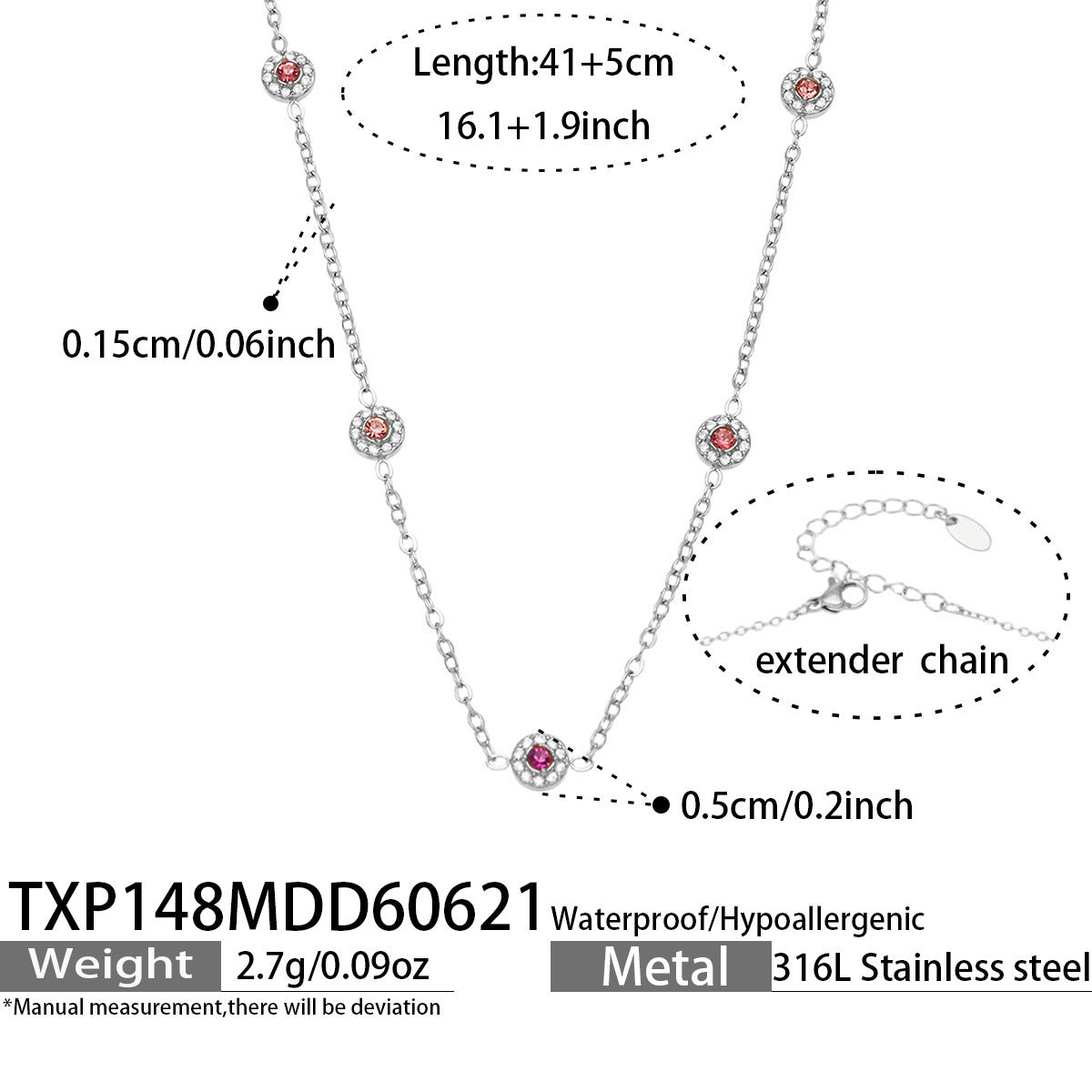 TXP148 pink cubic zirconia steel-tone station necklace 41 plus 5 cm size guide