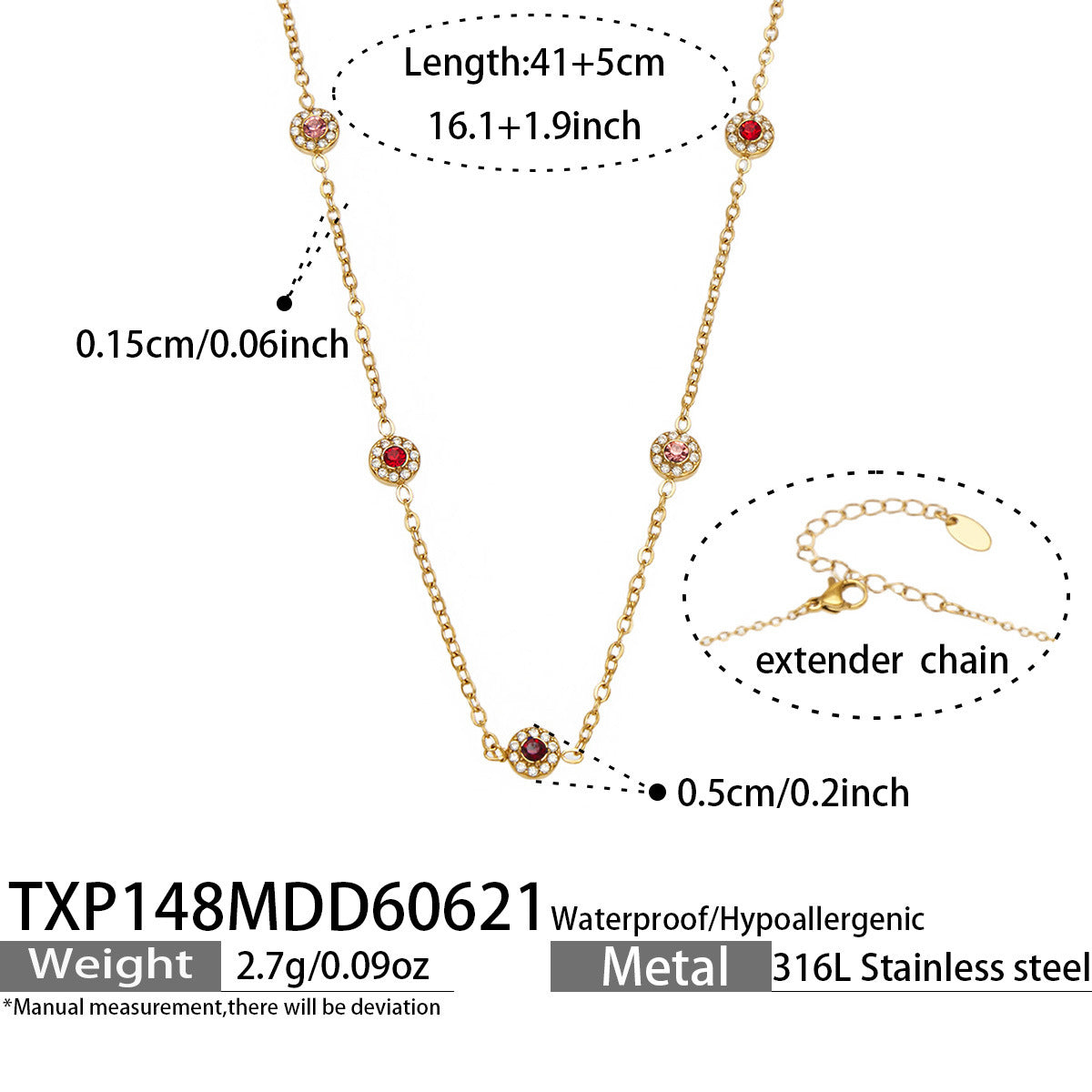 TXP148 red cubic zirconia gold station necklace 41 plus 5 cm size guide