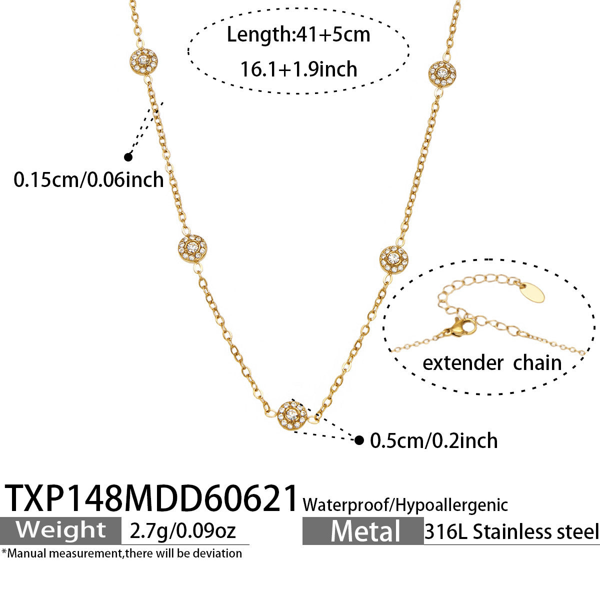 TXP148 white cubic zirconia gold station necklace 41 plus 5 cm size guide