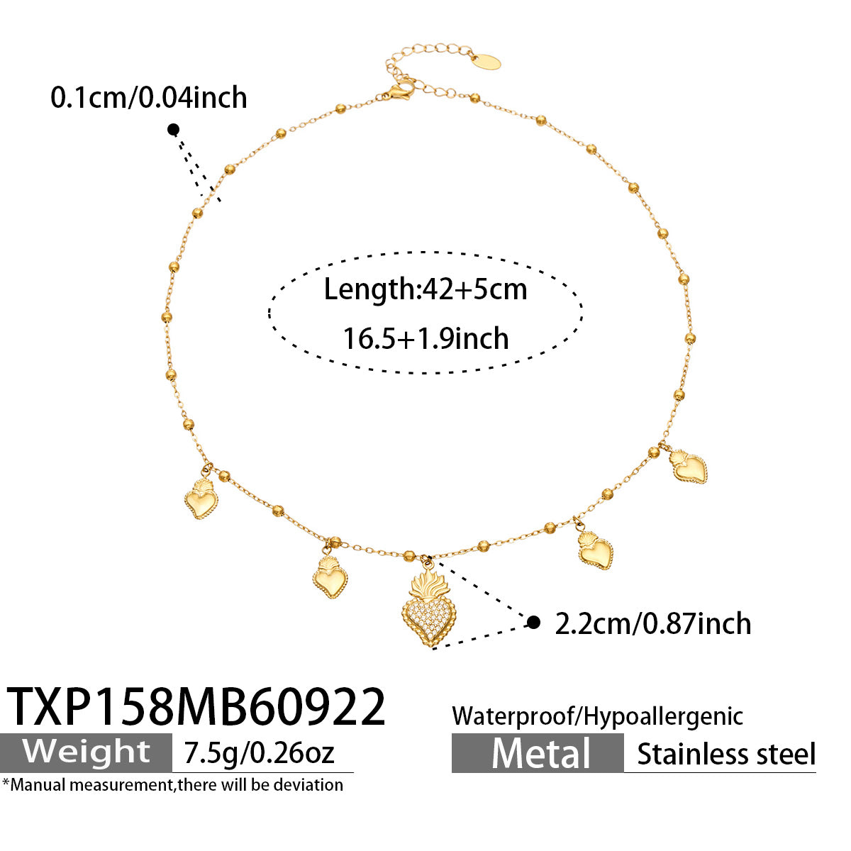 TXP158 gold-tone heart zircon charm necklace 42+5 cm size and product details