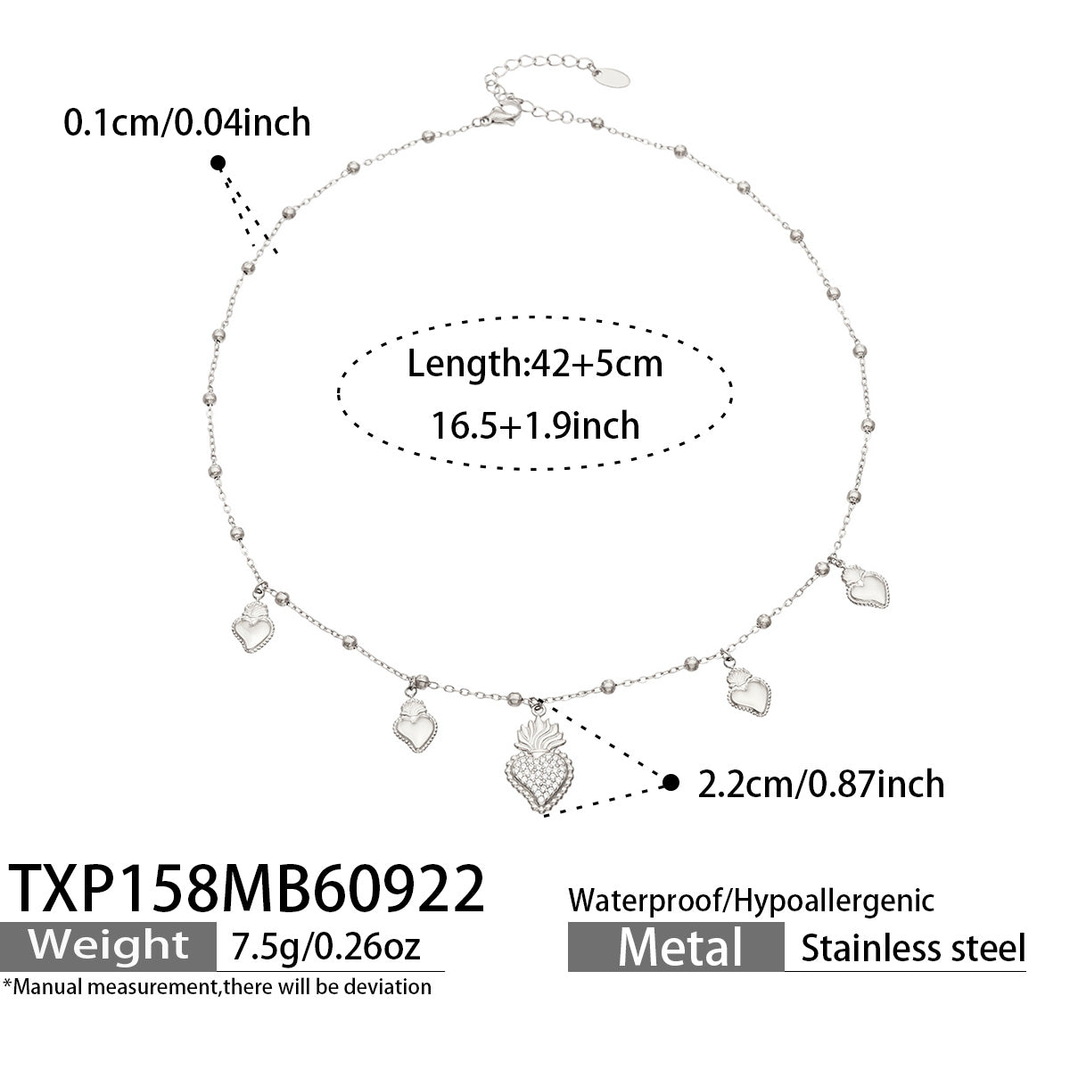 TXP158 steel-tone heart zircon charm necklace 42+5 cm size and product details