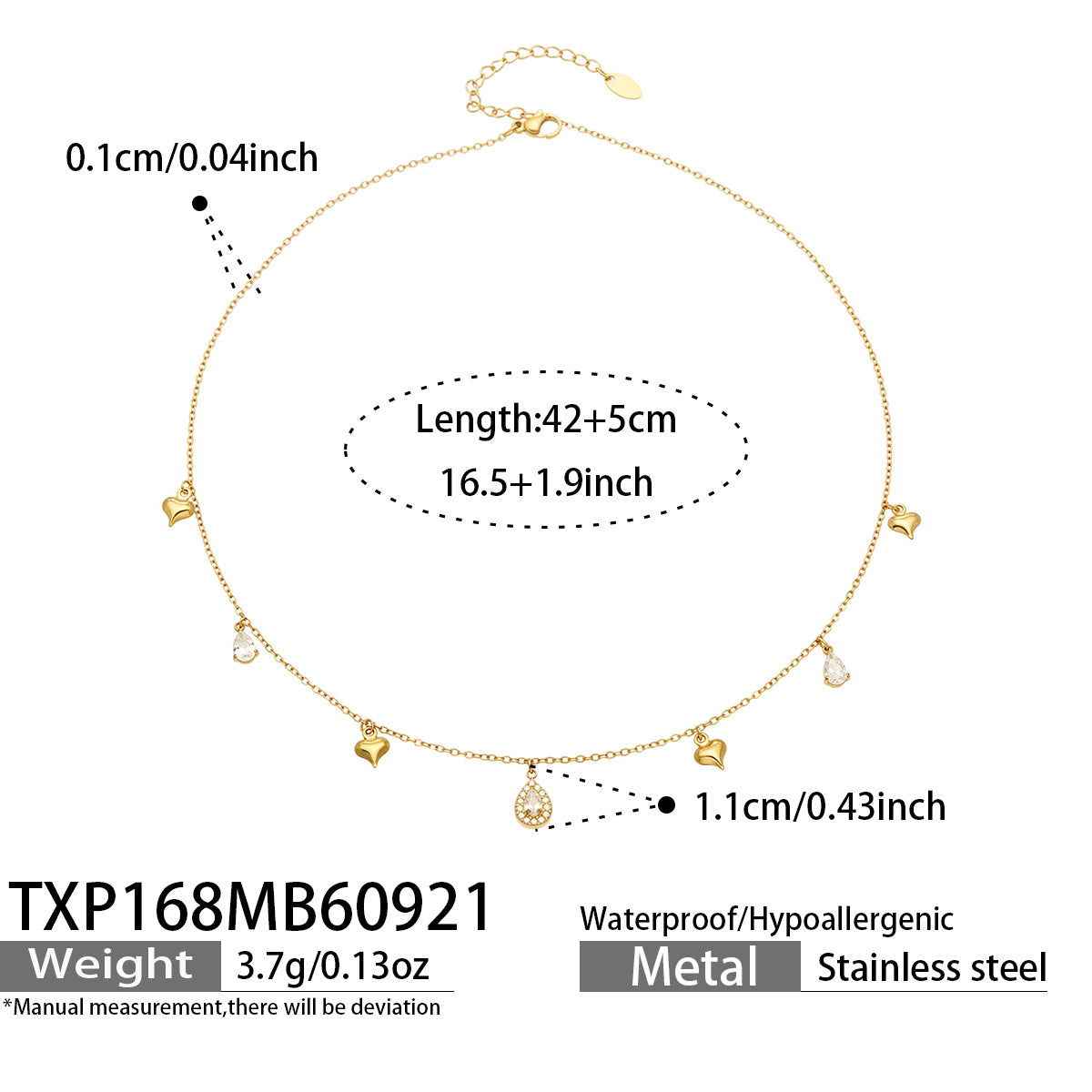 TXP168 heart and teardrop zircon charm necklace 42+5 cm size details