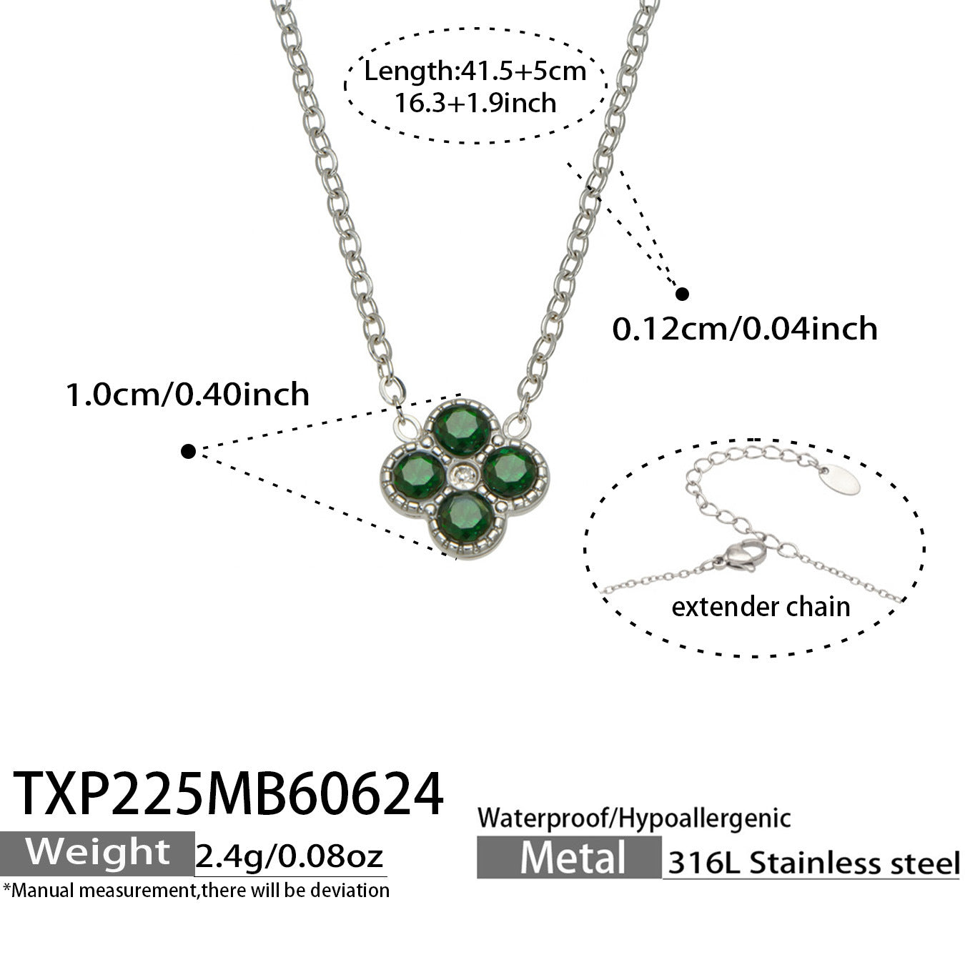 TXP225 steel tone turquoise clover zircon necklace product image for 316L stainless steel jewelry wholesale