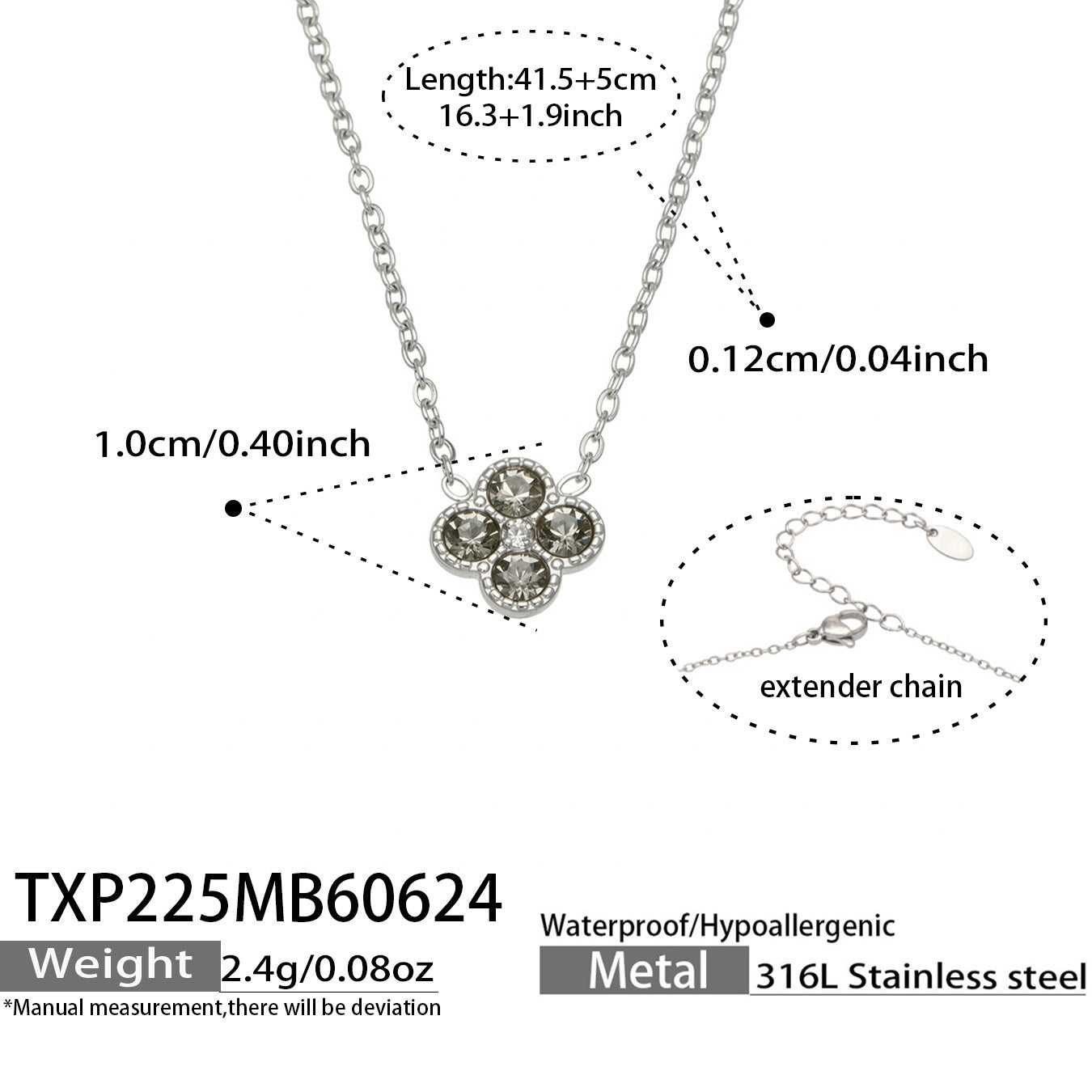 TXP225 steel tone green clover zircon necklace product image for 316L stainless steel jewelry wholesale