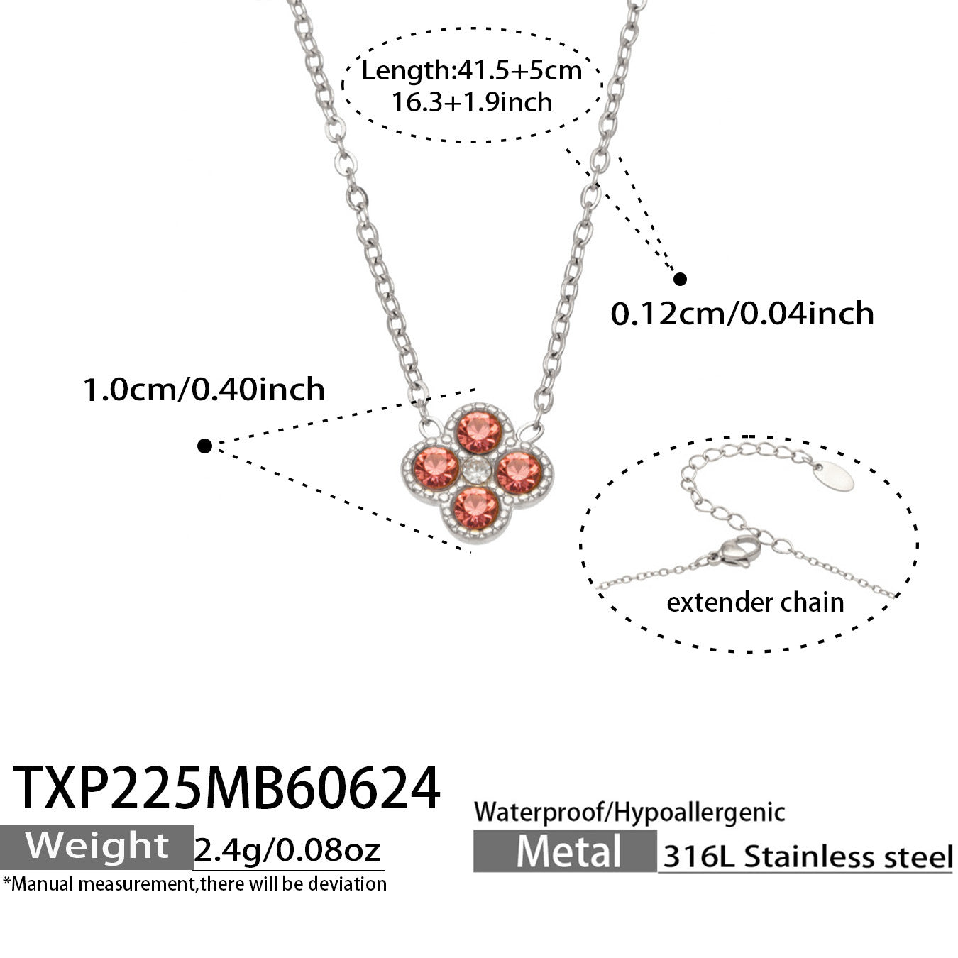 TXP225 steel tone red clover zircon necklace product image for 316L stainless steel jewelry wholesale