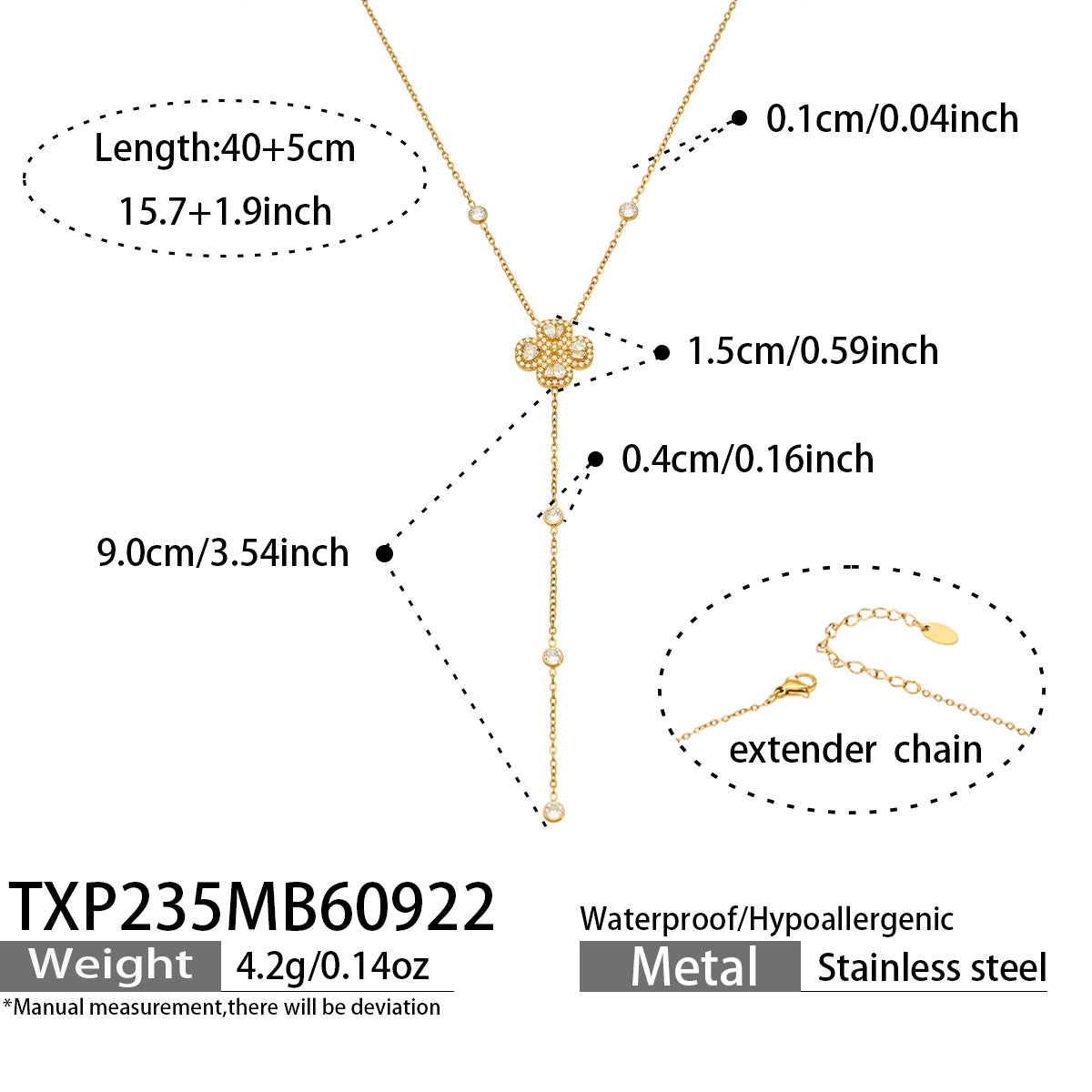 TXP235 four-petal flower zircon Y necklace 40+5 cm size and product details