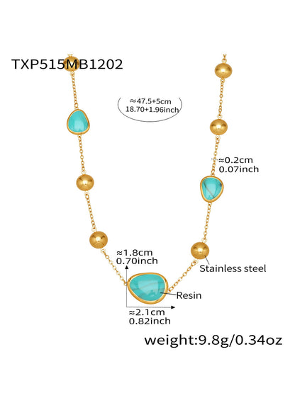 Green resin stone bead necklace made of 316L stainless steel gold tone