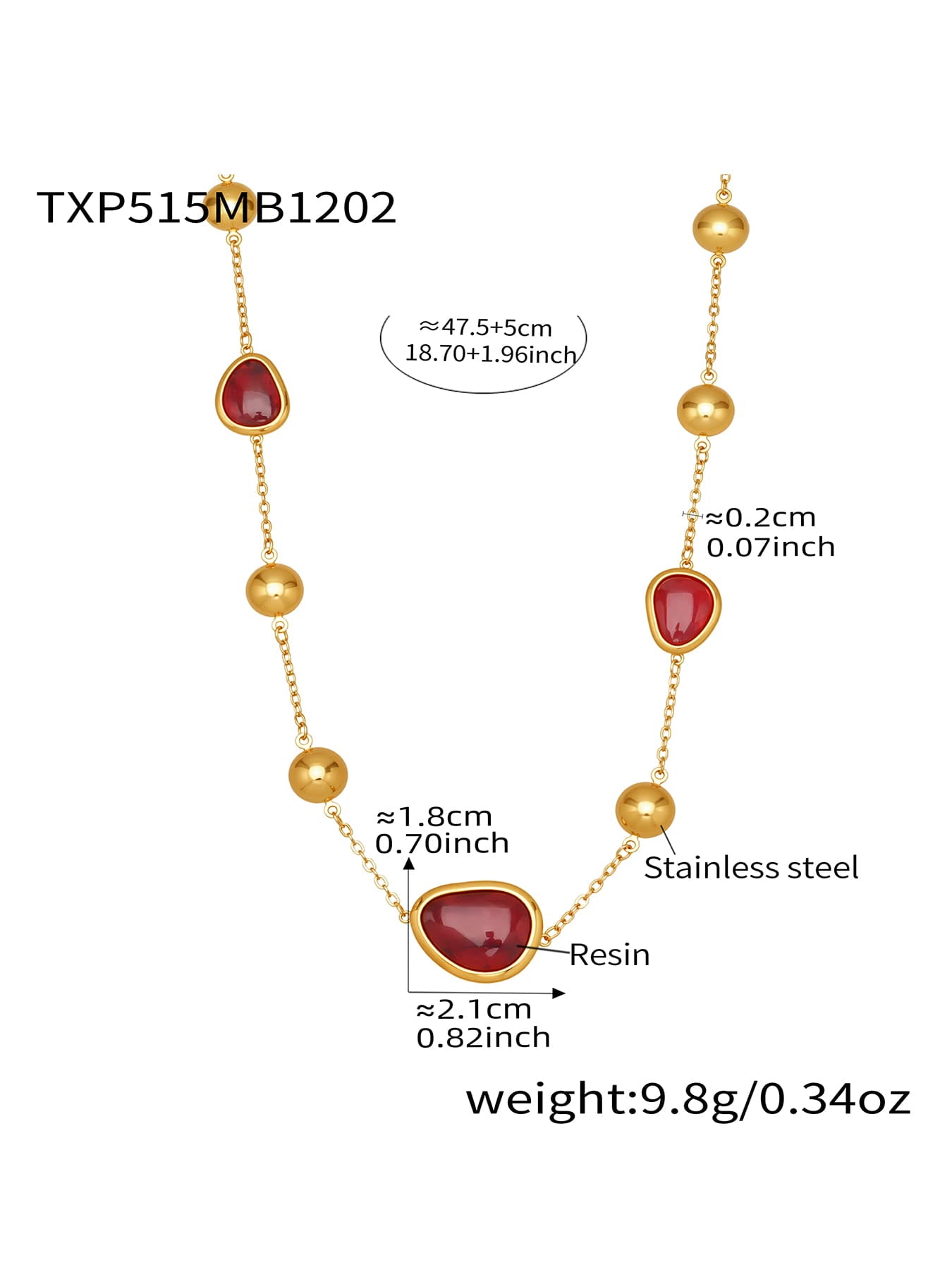 Red resin stone bead necklace made of 316L stainless steel with gold tone finish