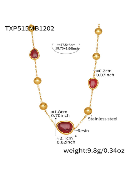 Red resin stone bead necklace made of 316L stainless steel with gold tone finish