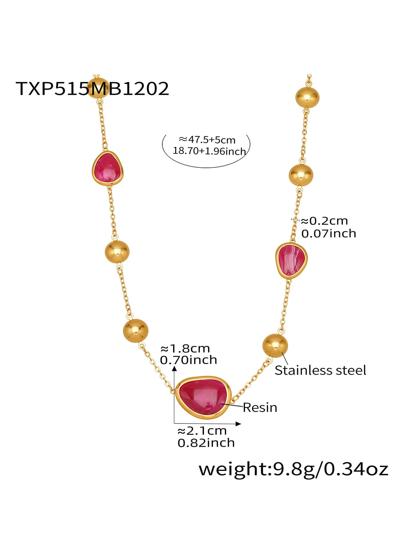 Rose pink resin stone bead necklace in 316L stainless steel gold tone for wholesale