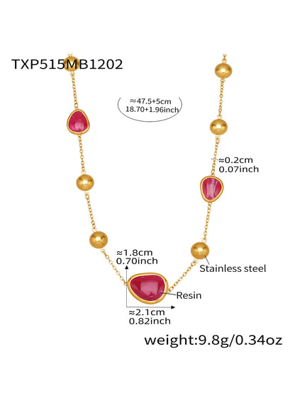 Rose pink resin stone bead necklace in 316L stainless steel gold tone for wholesale