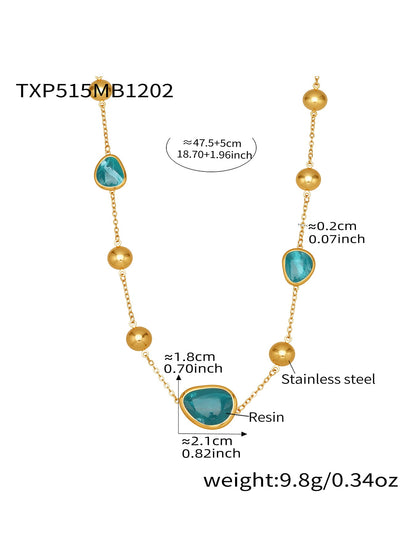 Teal resin stone bead necklace crafted from 316L stainless steel with gold finish