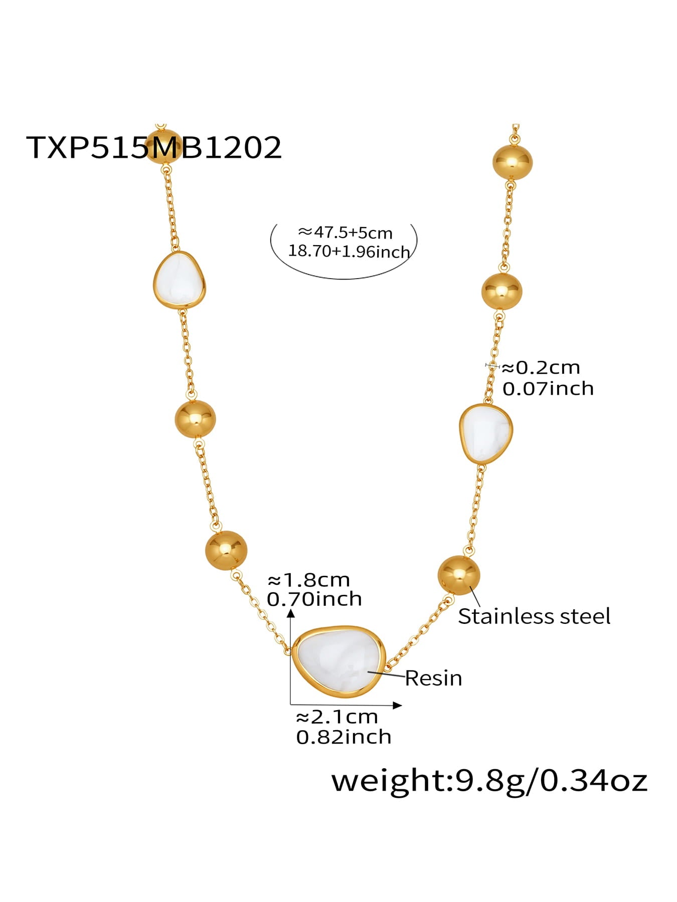 White resin stone bead necklace crafted from 316L stainless steel gold tone