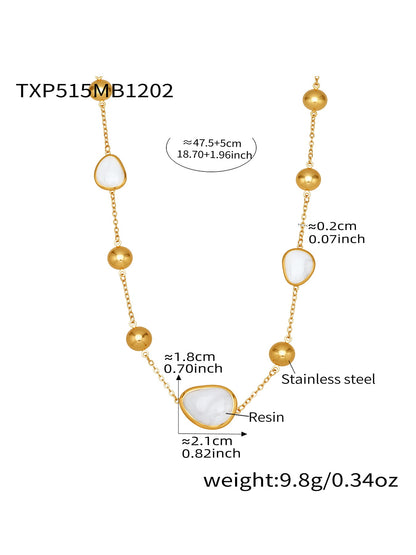 White resin stone bead necklace crafted from 316L stainless steel gold tone