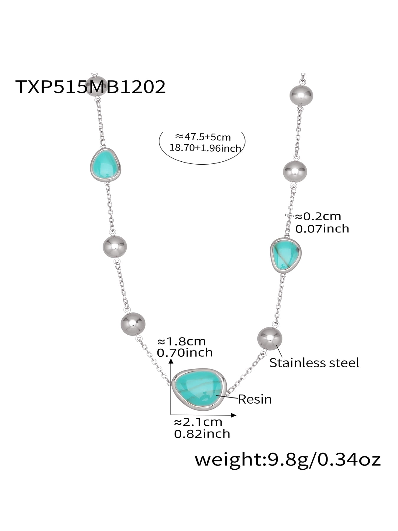 Green resin stone bead necklace in silver tone 316L stainless steel