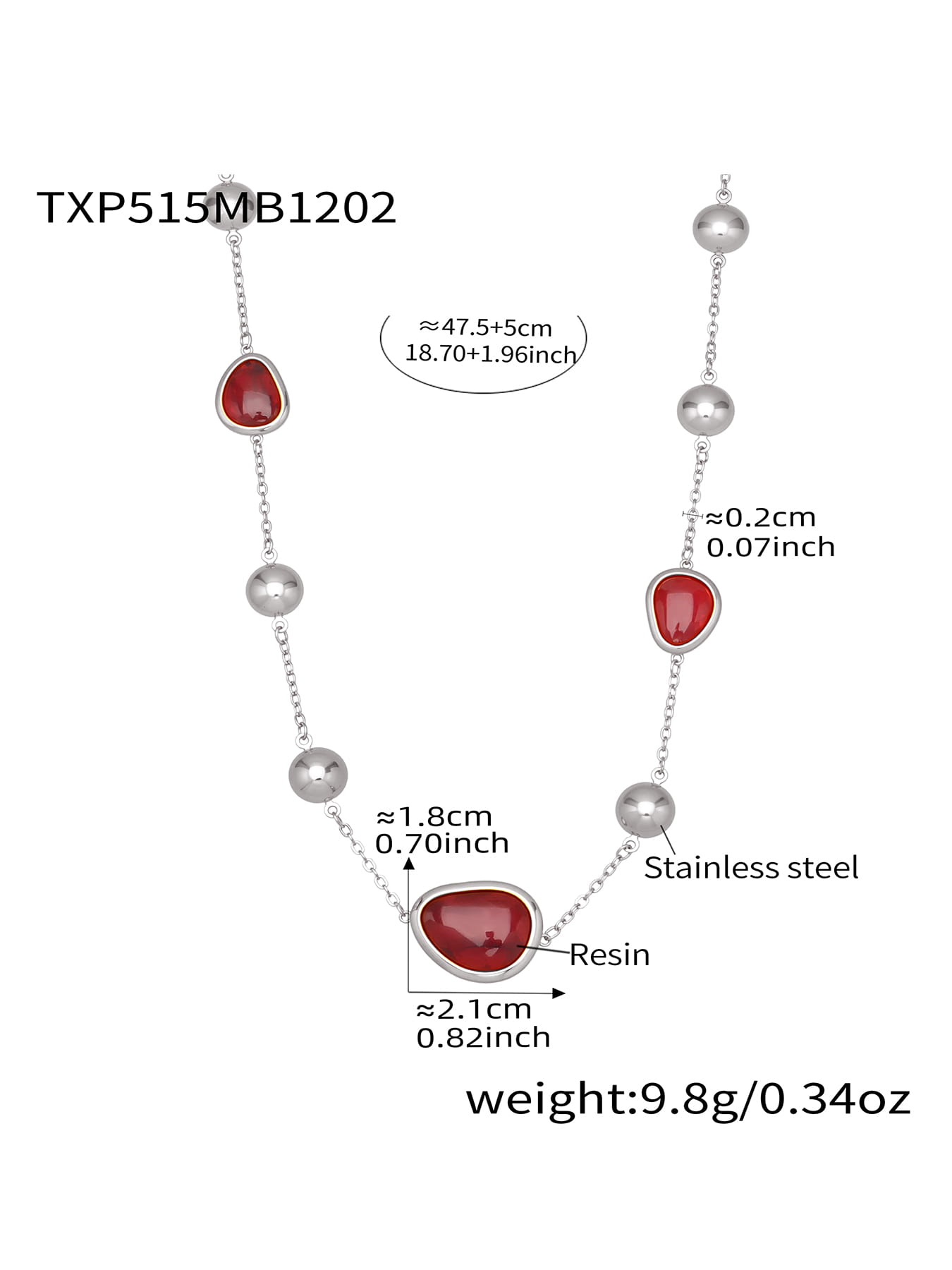 Red resin stone bead necklace in silver tone 316L stainless steel